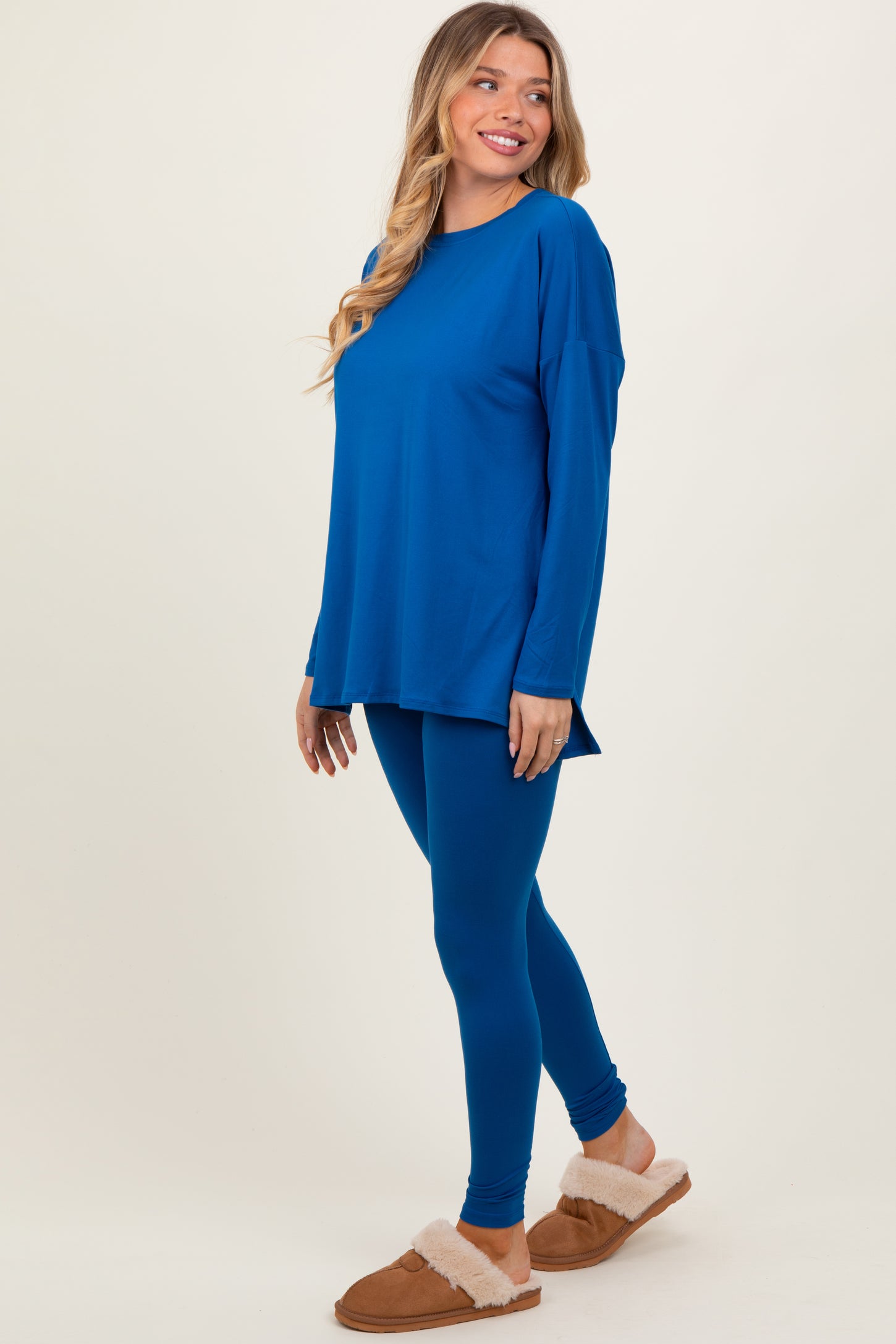 Blue Brushed Knit Oversized Top and Legging Set