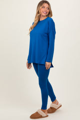 Blue Brushed Knit Oversized Top and Legging Set