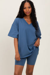 Blue Oversized V-Neck Biker Short Set