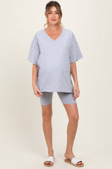 Heather Grey Oversized V-Neck Biker Short Maternity Set