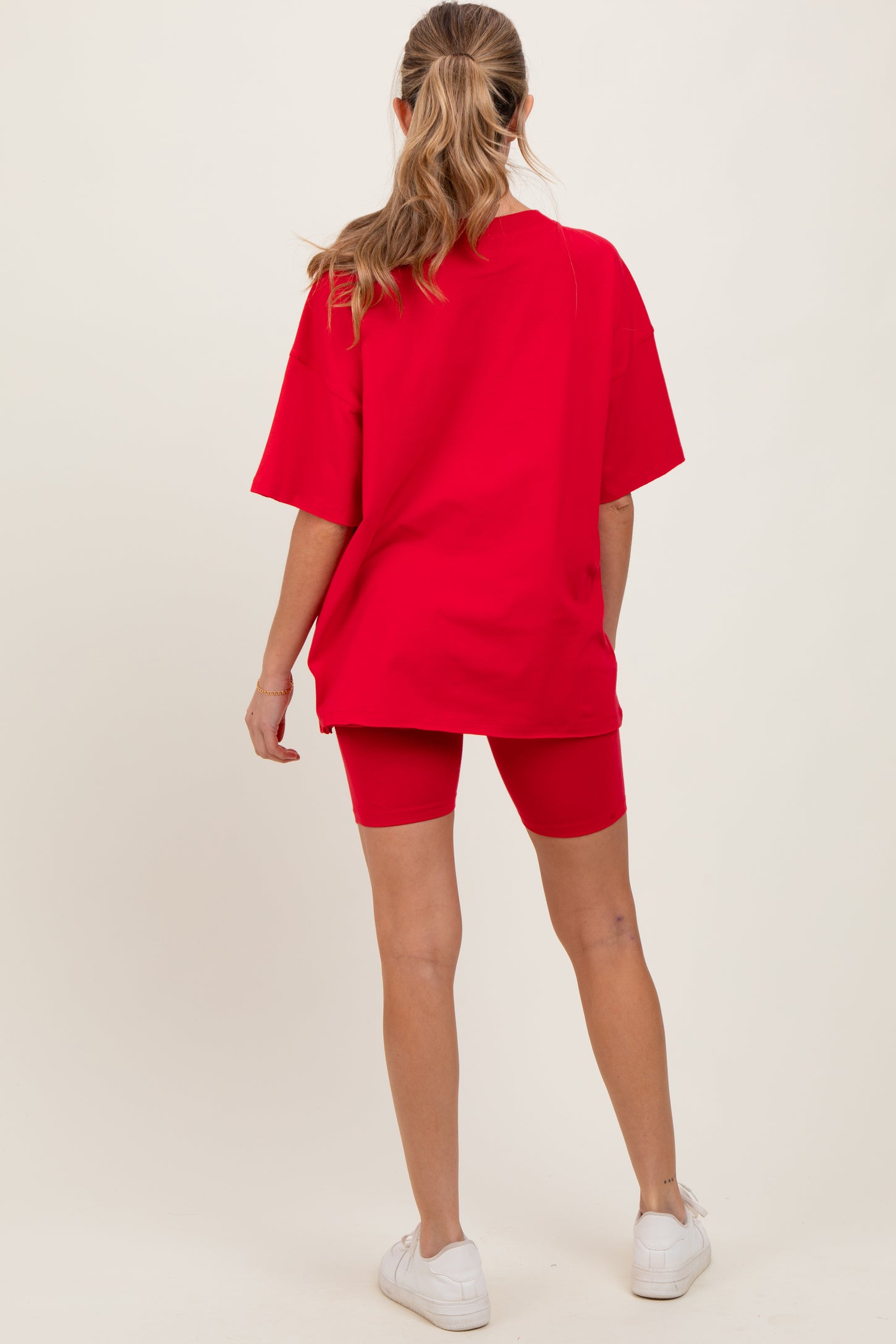 Red Oversized V-Neck Biker Short Maternity Set