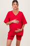 Red Oversized V-Neck Biker Short Maternity Set