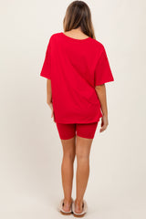 Red Oversized V-Neck Biker Short Set