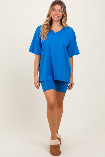Aqua Oversized V-Neck Biker Short Set