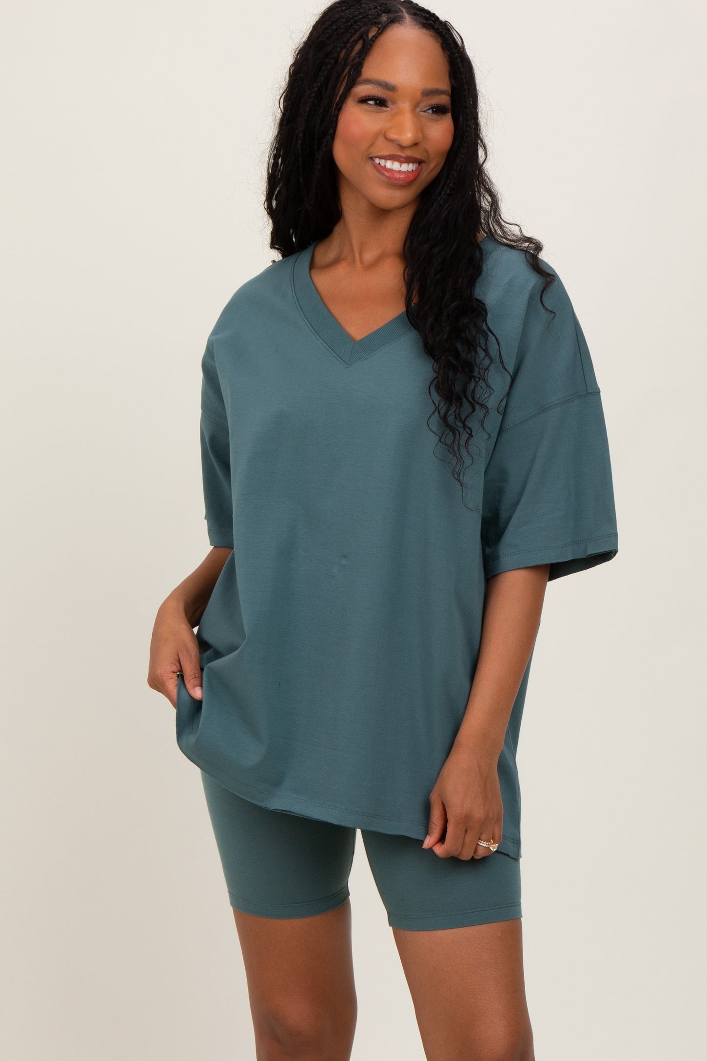 Light Olive Oversized V-Neck Biker Short Maternity Set