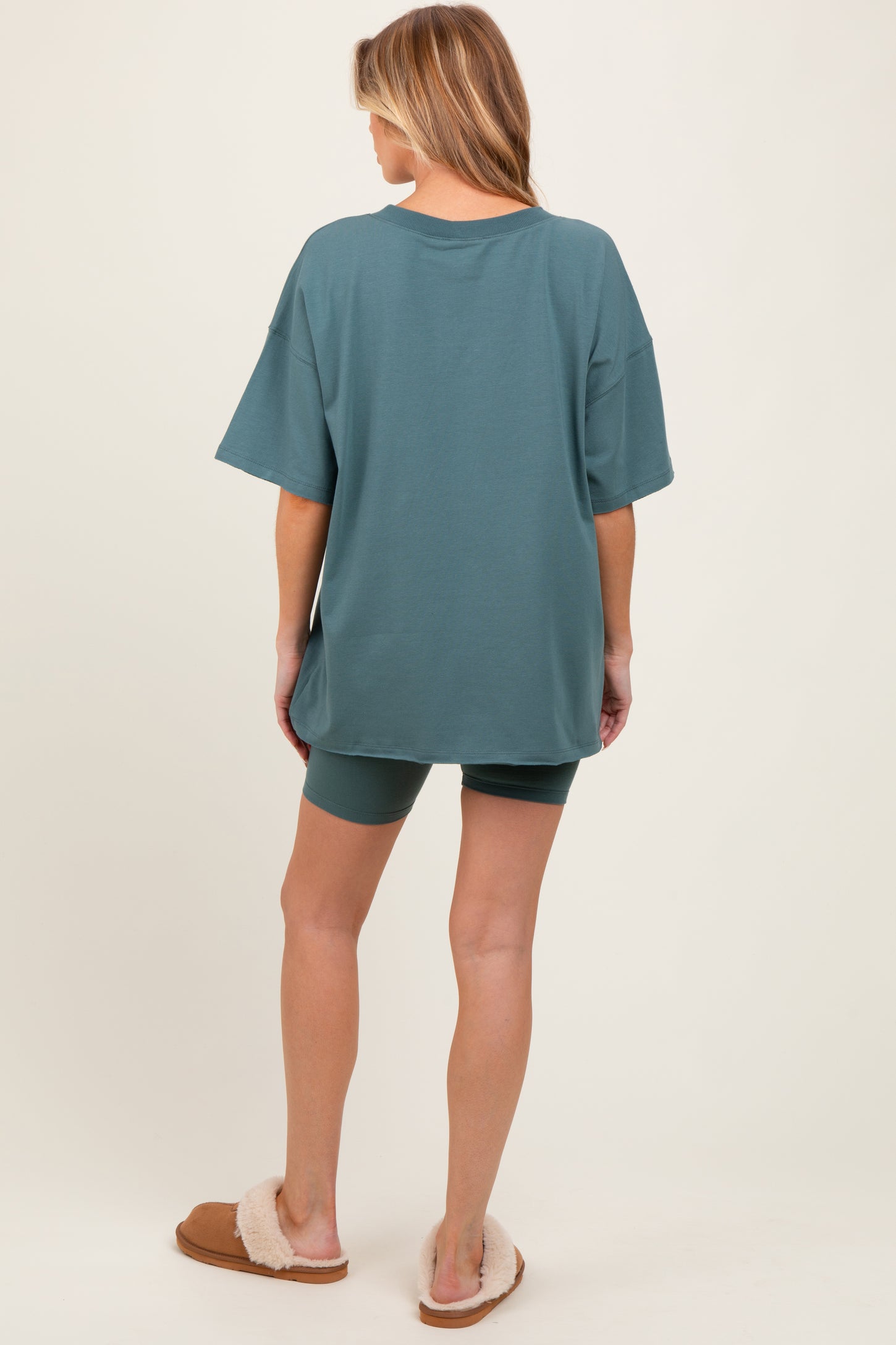 Light Olive Oversized V-Neck Biker Short Maternity Set