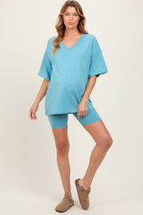 Light Blue Oversized V-Neck Biker Short Maternity Set