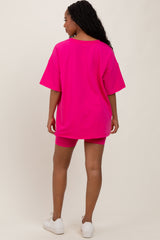 Fuchsia Oversized V-Neck Biker Short Set