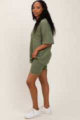 Olive Oversized V-Neck Biker Short Set