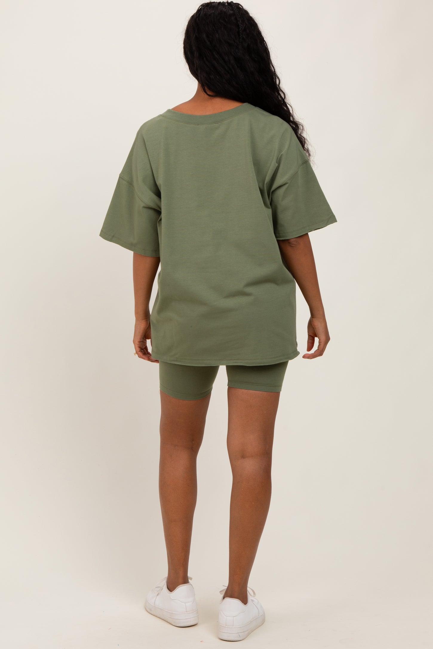 Olive Oversized V-Neck Biker Short Set