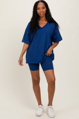 Light Navy Oversized V-Neck Biker Short Maternity Set