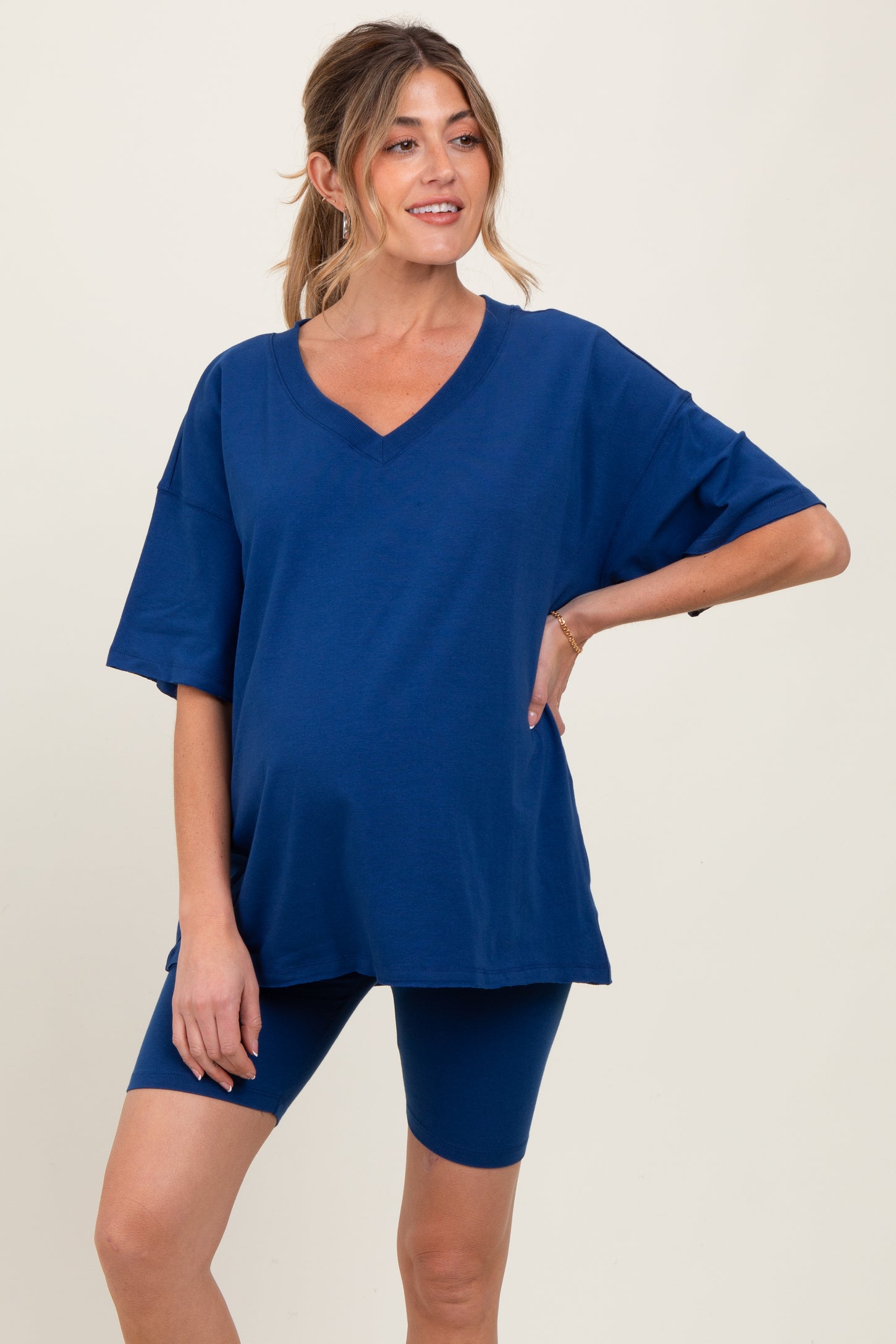 Light Navy Oversized V-Neck Biker Short Maternity Set