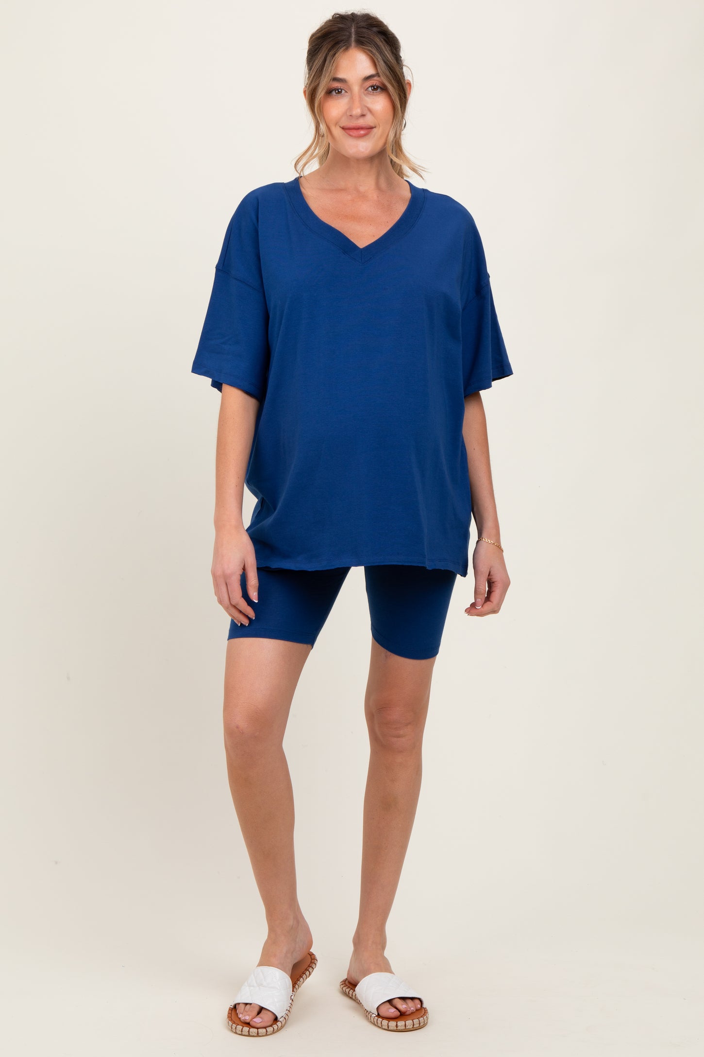 Light Navy Oversized V-Neck Biker Short Maternity Set