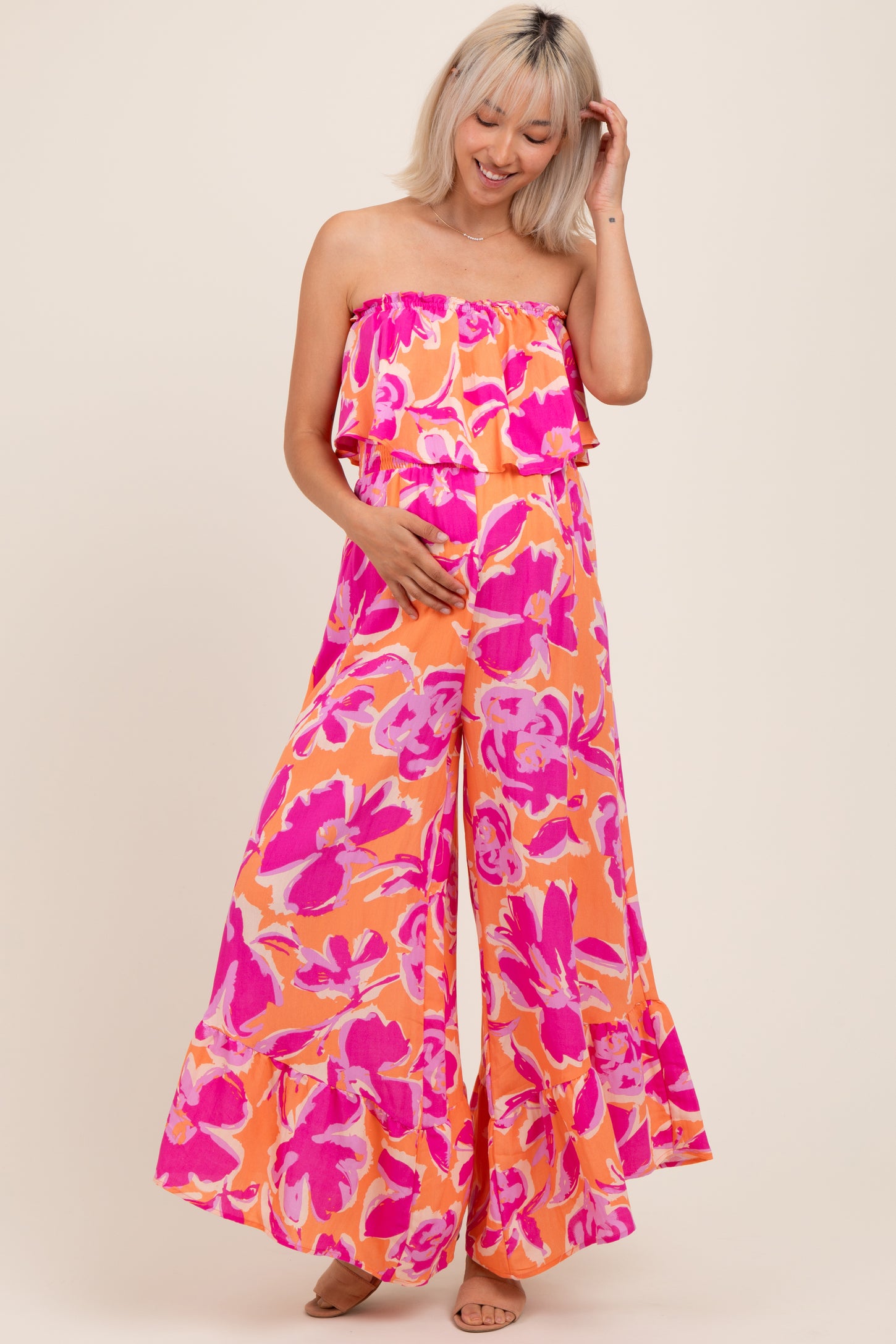 Orange Fuchsia Floral Strapless Ruffle Wide Leg Maternity Jumpsuit