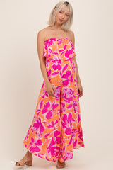 Orange Fuchsia Floral Strapless Ruffle Wide Leg Maternity Jumpsuit