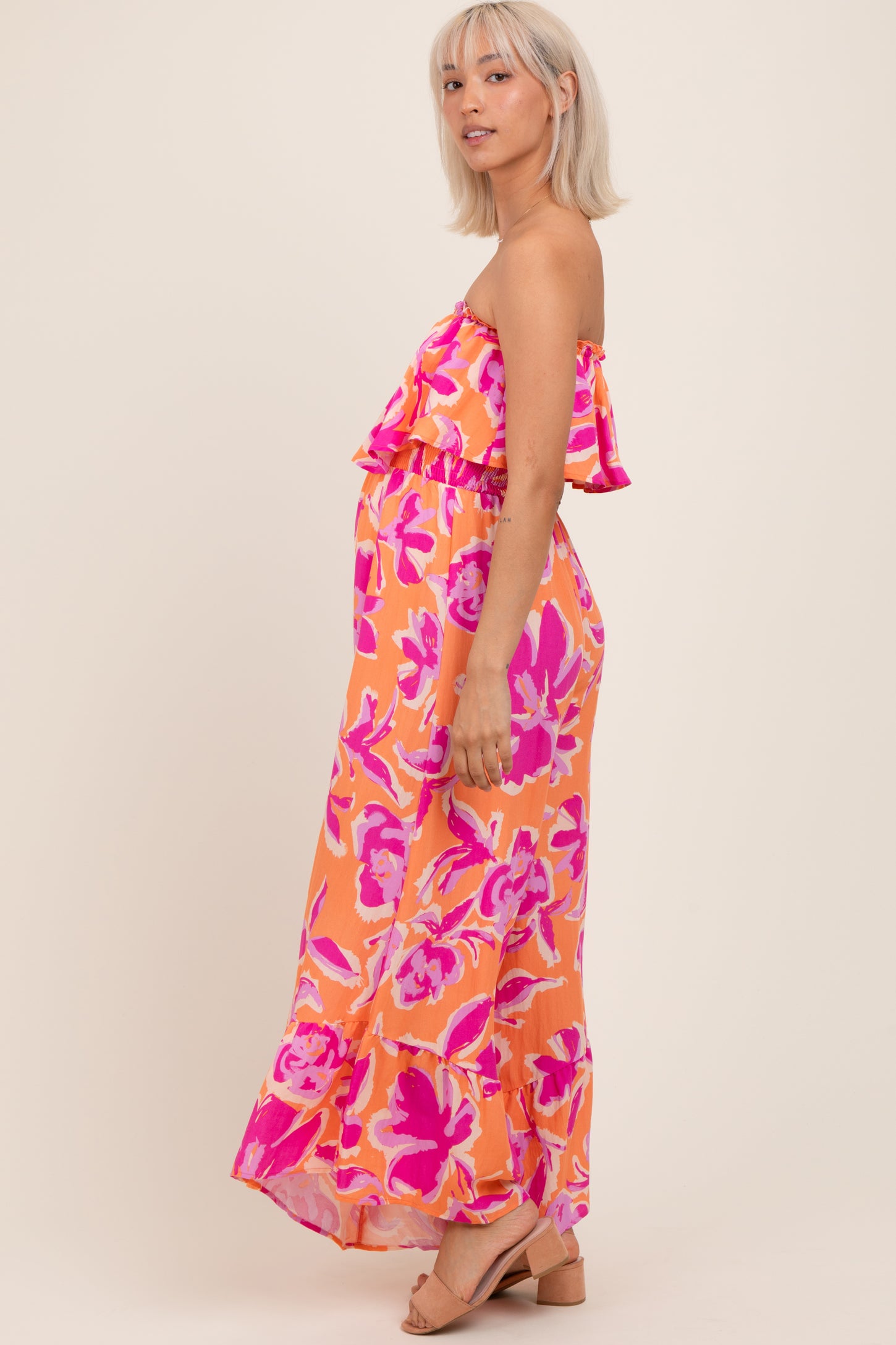 Orange Fuchsia Floral Strapless Ruffle Wide Leg Maternity Jumpsuit