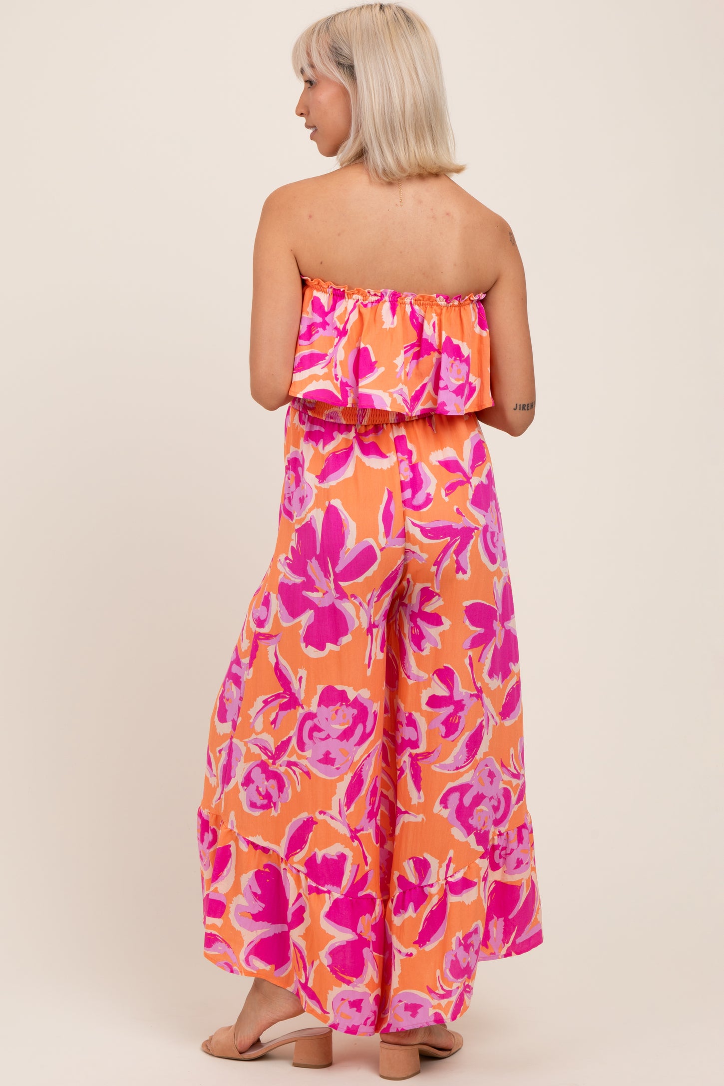 Orange Fuchsia Floral Strapless Ruffle Wide Leg Maternity Jumpsuit