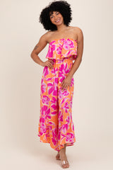 Orange Fuchsia Floral Strapless Ruffle Wide Leg Jumpsuit