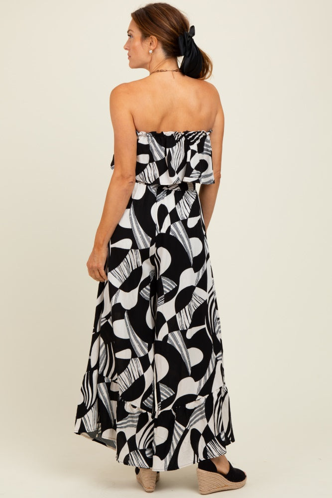 Black/Cream Printed Wide Leg Tube Jumpsuit