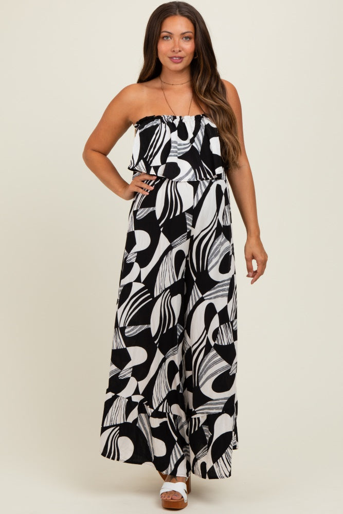 Black/Cream Printed Wide Leg Tube Maternity Jumpsuit