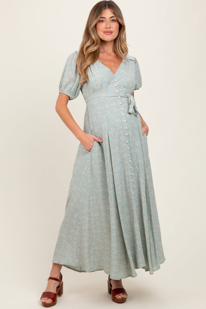 Sage Floral Button Down Maternity Dress