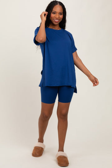 Navy Hi-Low Short Sleeve Tee Biker Short Set