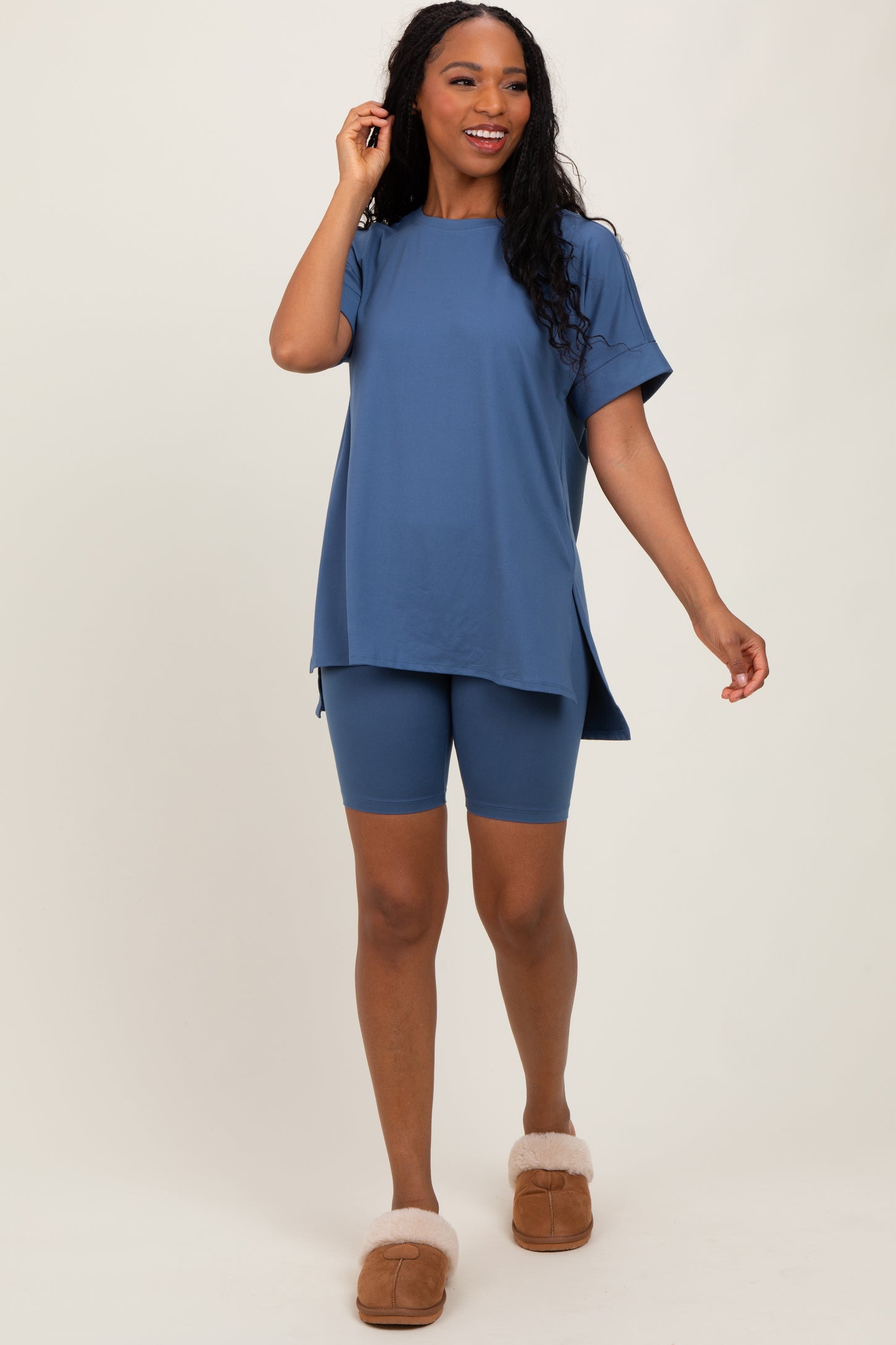 Blue Hi-Low Short Sleeve Tee Biker Short Set