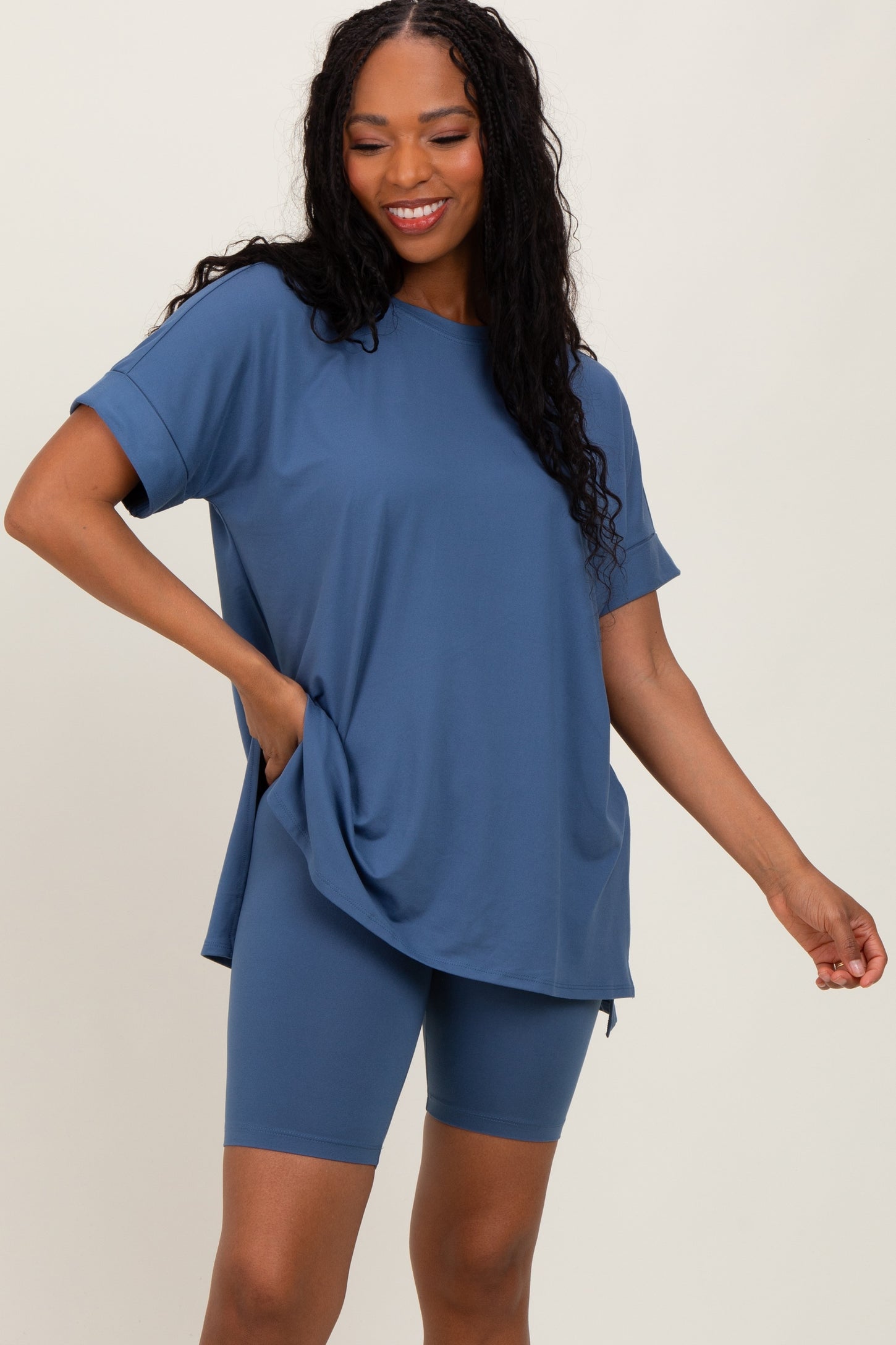 Blue Hi-Low Short Sleeve Tee Biker Short Set