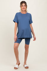 Blue Hi-Low Short Sleeve Tee Biker Short Maternity Set