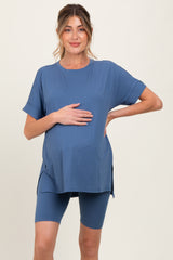 Blue Hi-Low Short Sleeve Tee Biker Short Maternity Set