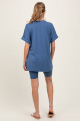 Blue Hi-Low Short Sleeve Tee Biker Short Maternity Set