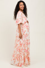 Pink Floral Satin Short Sleeve Deep V-Neck Tiered Maternity Maxi Dress