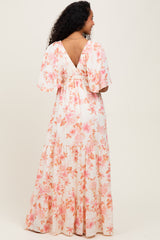 Pink Floral Satin Short Sleeve Deep V-Neck Tiered Maternity Maxi Dress
