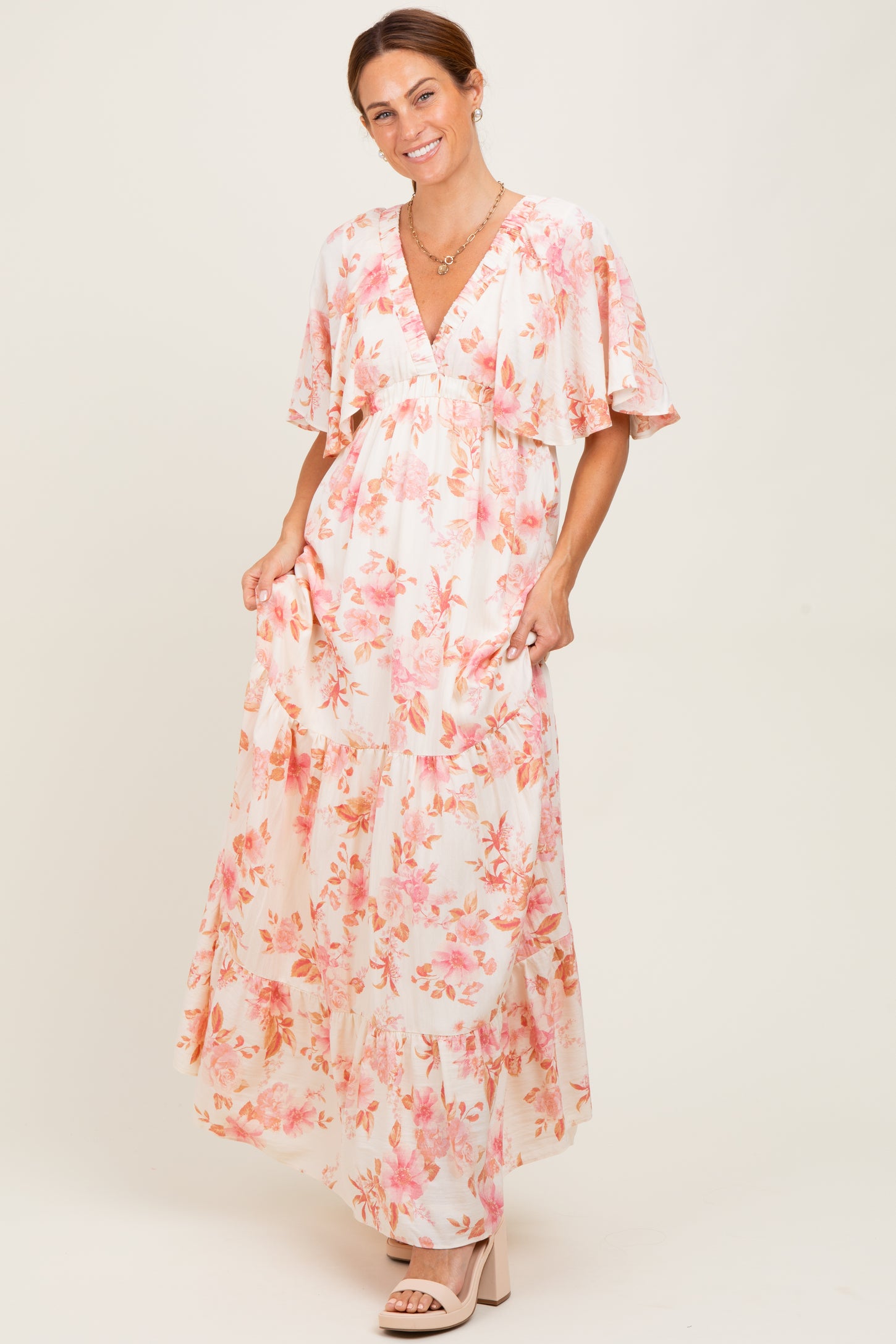 Pink Floral Satin Short Sleeve Deep V-Neck Tiered Maxi Dress
