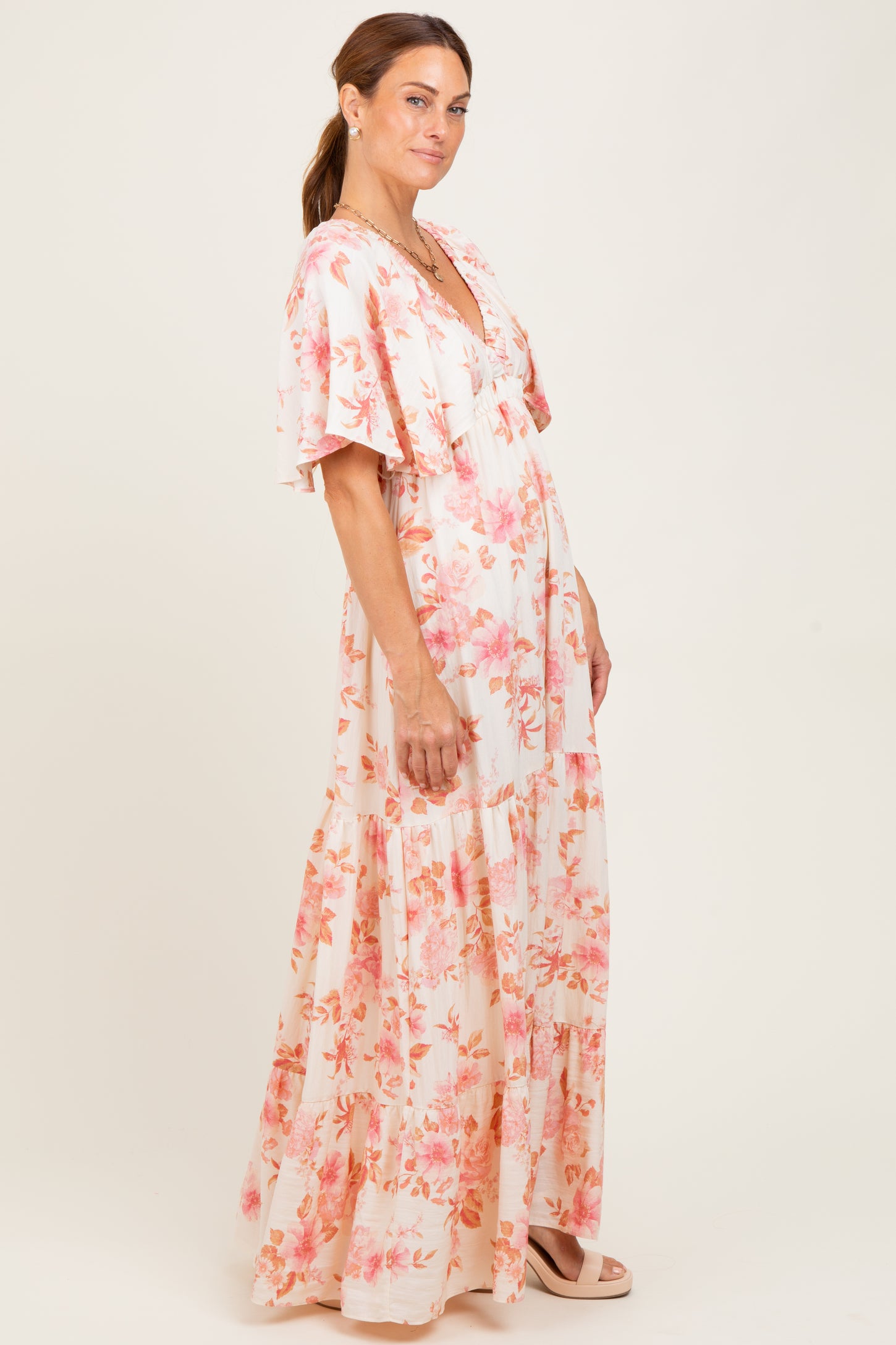 Pink Floral Satin Short Sleeve Deep V-Neck Tiered Maxi Dress