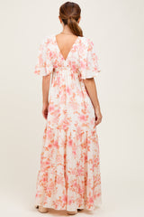 Pink Floral Satin Short Sleeve Deep V-Neck Tiered Maxi Dress