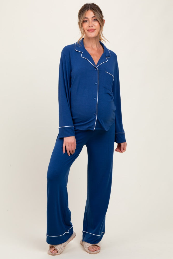 Navy Button Down Top Wide Leg Pant Maternity Pajama Set
