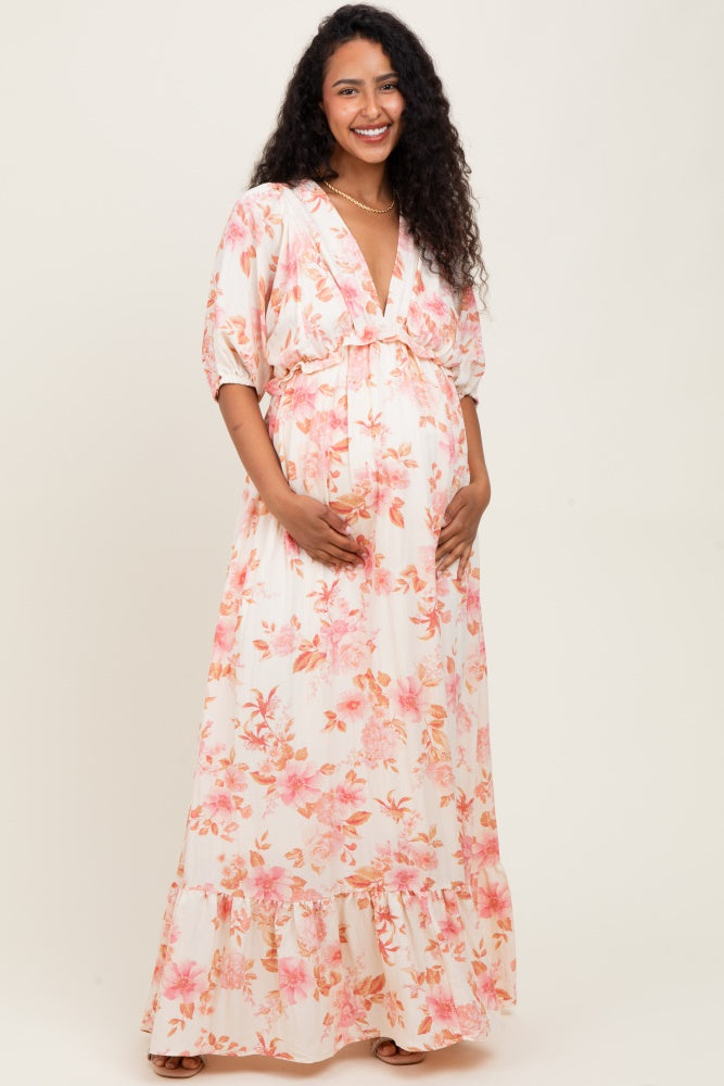 Pink Floral Printed Elbow Sleeve V-Neck Tiered Maternity Maxi Dress