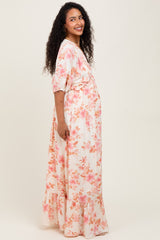 Pink Floral Printed Elbow Sleeve V-Neck Tiered Maternity Maxi Dress