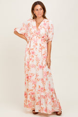 Pink Floral Printed Elbow Sleeve V-Neck Tiered Maxi Dress