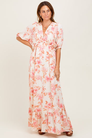 Pink Floral Printed Elbow Sleeve V-Neck Tiered Maxi Dress