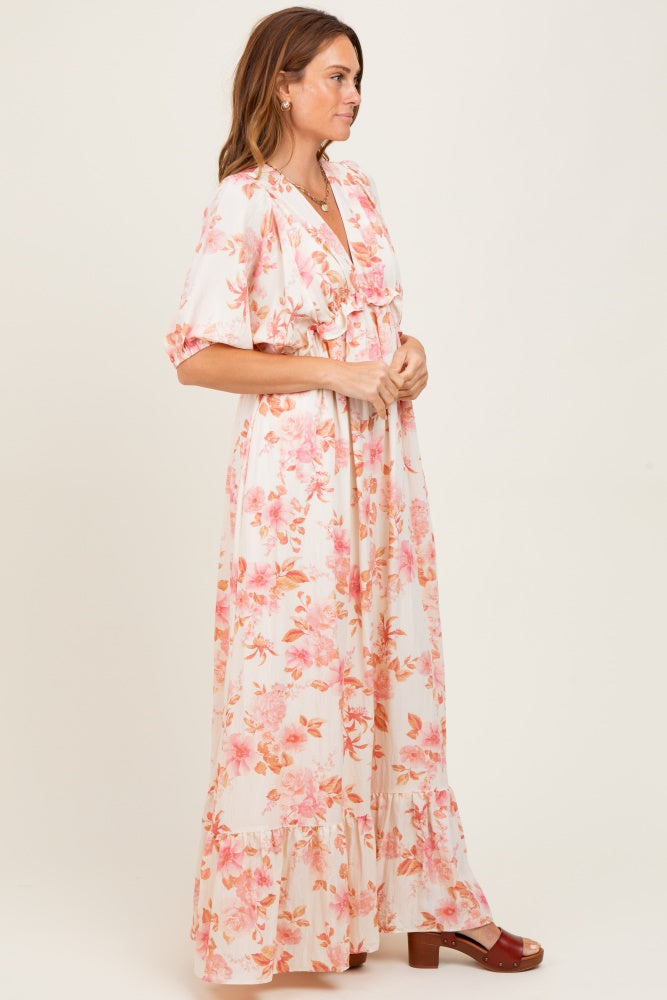 Pink Floral Printed Elbow Sleeve V-Neck Tiered Maxi Dress