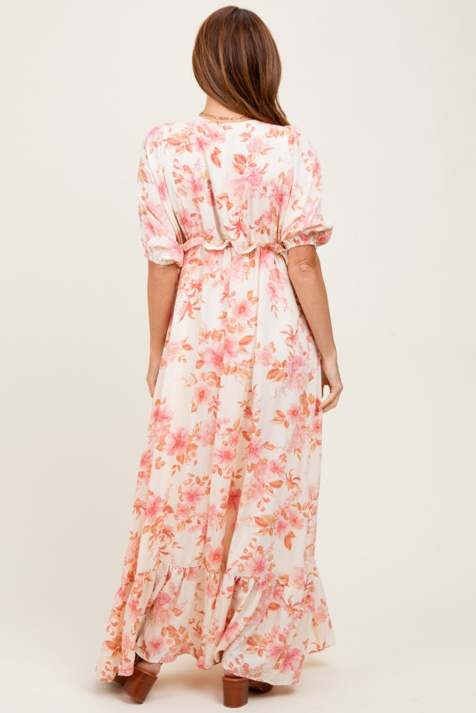 Pink Floral Printed Elbow Sleeve V-Neck Tiered Maxi Dress