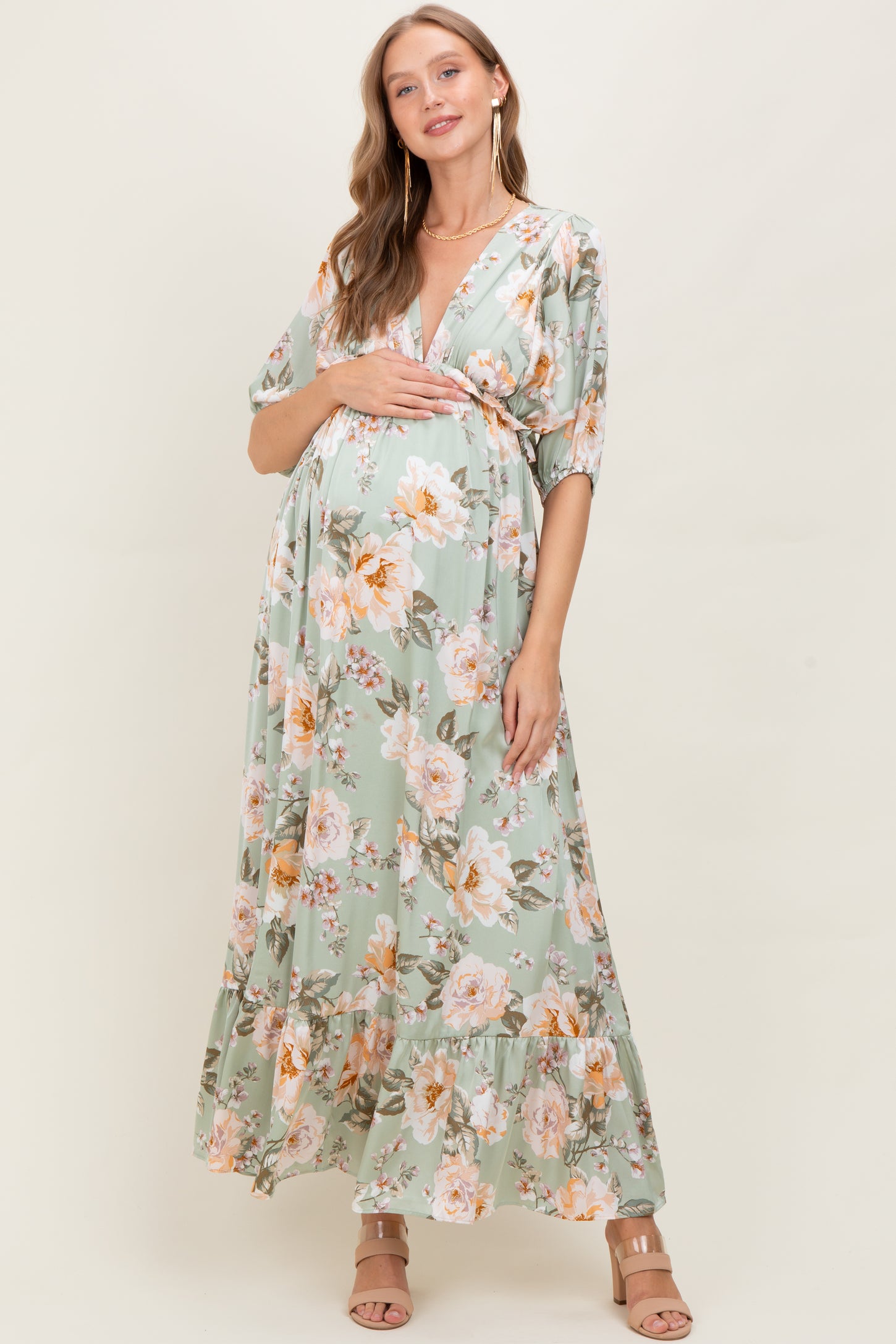 Sage Floral Print Elbow Sleeve V-Neck Tiered Maternity Maxi Dress