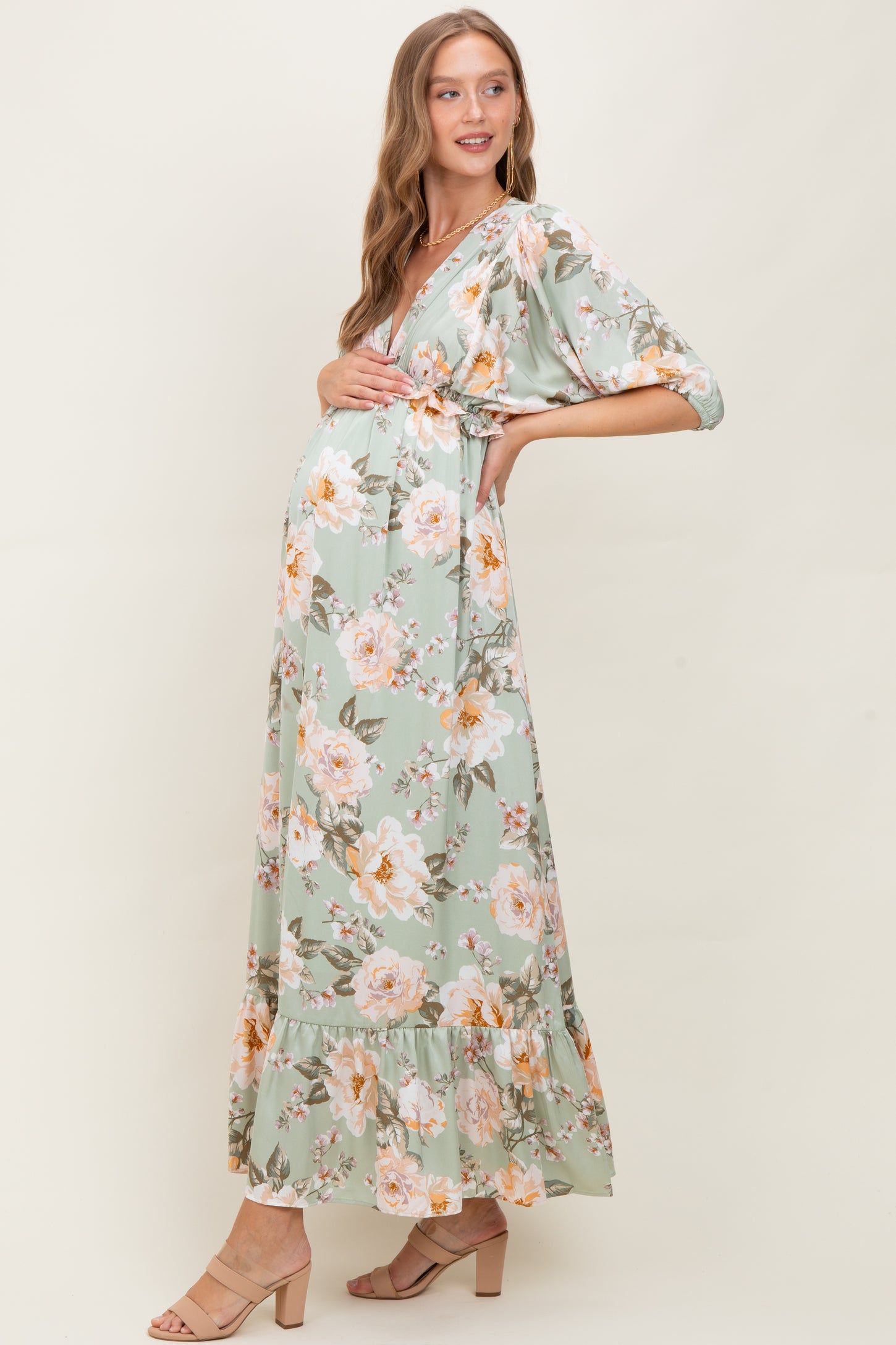 Sage Floral Print Elbow Sleeve V-Neck Tiered Maternity Maxi Dress