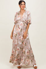 Taupe Floral Print Elbow Sleeve V-Neck Tiered Maxi Dress
