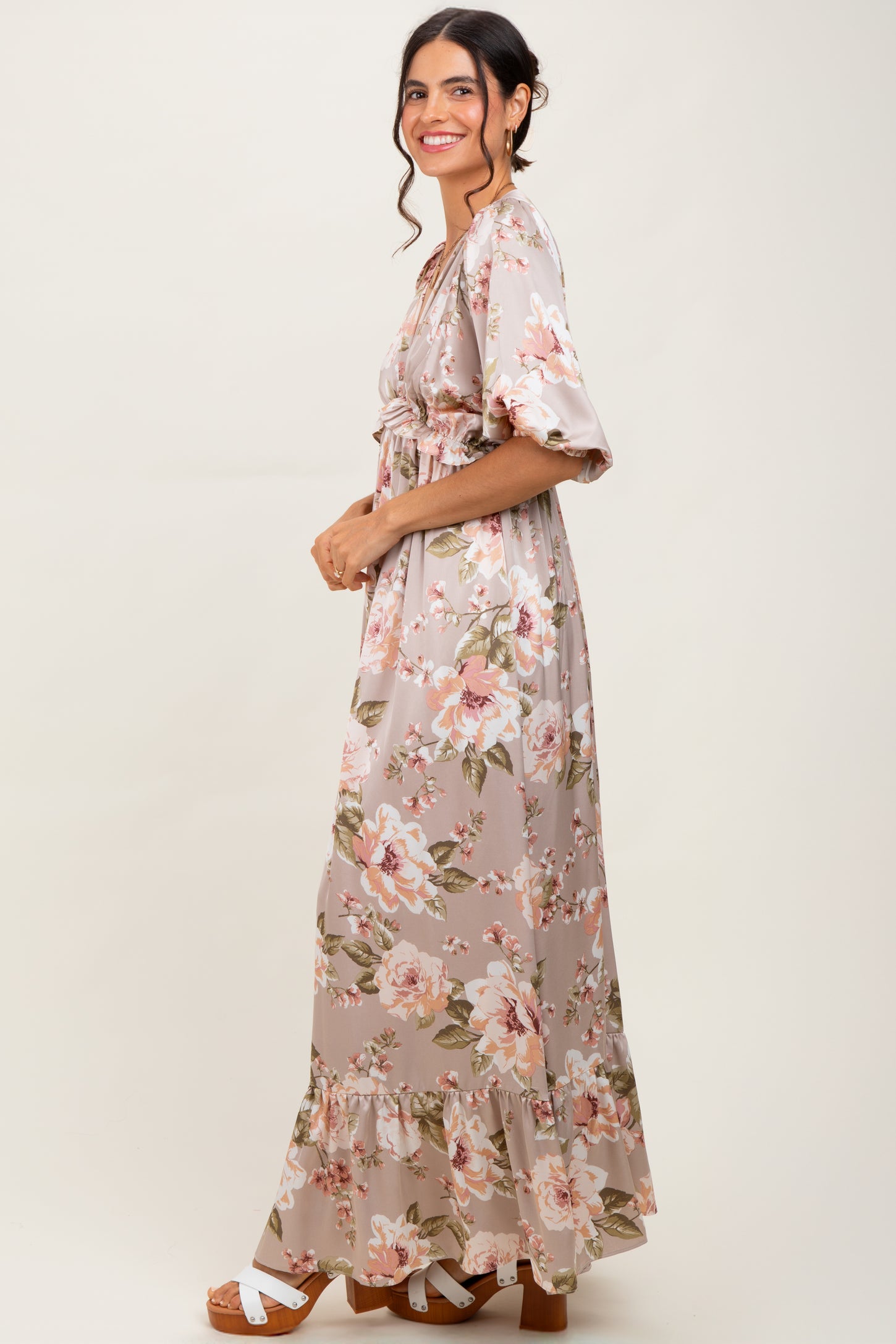 Taupe Floral Print Elbow Sleeve V-Neck Tiered Maxi Dress
