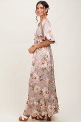 Taupe Floral Print Elbow Sleeve V-Neck Tiered Maxi Dress