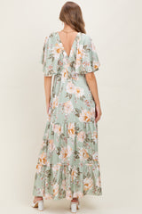 Sage Floral Print Elbow Sleeve V-Neck Tiered Maternity Maxi Dress