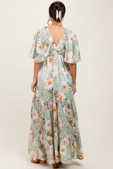 Sage Floral Print Elbow Sleeve V-Neck Tiered Maxi Dress